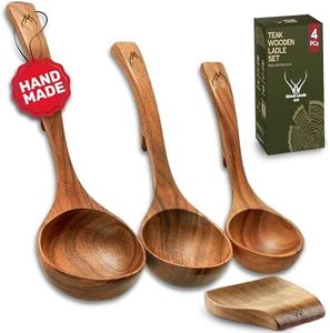 4Pcs Wooden Ladle Set – Teak Wood Soup Spoons with Hook Handles for Cooking, Serving, Stirring – Non-Stick Wooden Spoons for Pot & Bowl Use