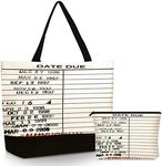 Sieral 2 Pcs Librarian Gifts for Women Library Due Date Tote Bag for Book Lovers Gifts Library Card Tote Bag Canvas Toiletry Bag Vintage Tote Splicing Bag for Book Lovers Women