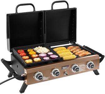 Grills House GD4002TPY Portable Tabletop Grill & Griddle Combo with Hood, 4-Burner Portable Propane Gas Grill Griddle Combo for Backyard, Camping, Picnicking and Tailgating, 40,000 BTU, Bronze Gold