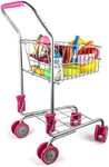 Click N’ Play Kids Shopping Cart with Food, Play Grocery Cart for Kids with 23 Pieces, Toddler Shopping Cart - Fits 18 inch Baby Dolls, Smooth Rolling Wheels, Folds for Easy Storage, Pink & Black