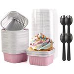 AHPYEUHK Mini Loaf Cake Cases with Lids Mini Loaf Tins Aluminum Foil Baking Cups Reusable Small Cake Tins for Bread,Cake,Muffins,Dessert (Square, 150ML-pink)