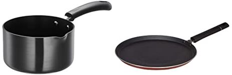 Amazon Brand - Solimo Hard Anodized Saucepan with Bakelite Handle - 1.5 litres Non-Stick Tawa with 2-Way Non-Stick Coating, 26Cm, Aluminium, Black, 1.5 Liter