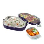 CELLO Feast Deluxe Kids Lunch Box Spider Man, Purple | Leak-Proof Snacks Tiffin Box for School Kids Inner Stainless Steel Mini Box | 2 Container with Locking Lid | Ideal for School & Picnic