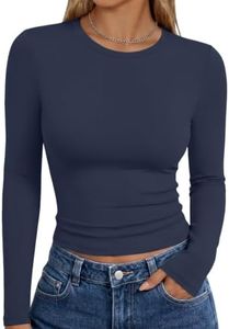 Trendy Queen Womens Long Sleeve Shirts Basic Crop Tops Tight Slim Fit Cute Teen Girls Fall Winter Y2k Clothes Navy L