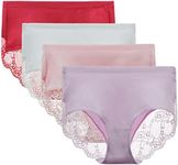 LIQQY Women's 4 Pack Combed Cotton Breathable High Rise Lace Full Coverage Brief Panty Underwear (X-Large, Red/White/Pink/Liac Chiffonn)