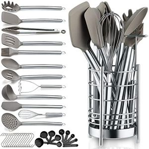 Berglander Juego de utensilios de cocina 38 piezas de silicona antiadherente, Juego de cuchara espátula con resistente soporte para utensilios de acero inoxidable