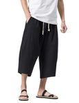 MAGNIVIT Men's Casual Elastic Waist Linen Capri Wide Leg Baggy Harem Pants Trousers Black 34