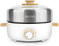 Aroma Housewares AMC-130 Whatever Pot, Indoor Grill, Cooking, Hot Pot with Glass Lid, Bamboo Handles, 2.5L, Stainless Steel/White