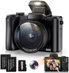 5K Digital Camera 5X Optical Zoom Cameras for Photography, 64MP Front and Rear Dual Cameras Vlogging Camera for YouTube Video with 3.2" IPS Touchscreen, 6-Axis Stabilization, 64G TF Card, 2 Batteries