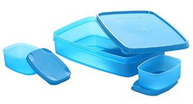 Signoraware Compact Bpa Free Plastic Microwave Safe Lunch Box, Food Grade Tiffin Boxes Set, Leak Proof Air Tight Dabba (Set of 3 – 1 x 850ml Container, 2 x 100ml Containers, Square, Blue)