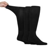 IOMI Knee High Diabetic 3 Pack Bamboo Non Elastic Socks for Swollen Feet | Long Extra Wide Non-Binding Soft Top Socks (6-8, Black)