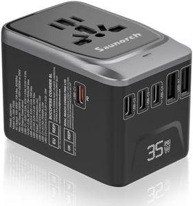 SAUNORCH Universal Travel Adapter, PD 35W 7 in 1 International Power Plug Adapter with 7.0A 4 USB-C and 2 USB-A Fast Wall Charger, Worldwide AC Outlet for US Europe UK AUS (Black+Silver)