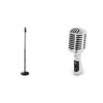 PylePro PMKS40 Universal Microphone Stand + Pyle PDMICR42SL Classic Retro Vintage Style Dynamic Vocal Microphone (Silver) with Cable