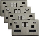 4 x Brush Chrome Double Wall Switch Socket 13A 2 gang with 2 USB Charger Ports UK 3 pin Plug Screwless Finish N776DME