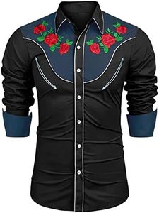 COOFANDY Men's Stylish Casual Rose Floral Embroidered Western Long Sleeve Button Shirt(Black,XXL)