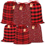 Advantez Buffalo Plaid Grawstring Bags, 6Pcs Reusable Fabric Sacks, Xmas Gift Bag, Cloth Gift Pouches for Christmas Goody Birthday Thanksgiving Holiday Party Favor