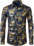 Shiny Printed Luxury Dress Shirts Men Long Sleeve Casual Button Down White Wedding Groom Party Dinner Shirt Male Chemise Navy USA L