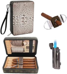 TOIKA Portable Travel Cigar Case, Cigar Humidor with Cigar Cutter and Lighter for 4 Cigars (White Brown)