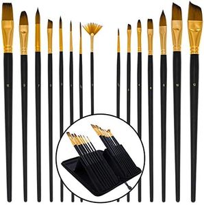 U.S. Art Supply 15 Piece Artist Long Handle Synthetic Paint Brush Set - Multi Functional Watercolor Gouache Oil Acrylic Brush Set in Zippered Nylon Pop-Up Travel Storage Case