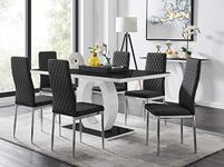 Furniturebox UK Dining Set - Giovani Modern High Gloss and Glass Black and White Dining Table and 6 Black Milan Chairs with Silver Legs