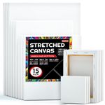 Shuttle Art Canvas for Painting, 15 Multi Pack Stretched Blank Canvas Boards, 4x4, 5x7, 8x10, 9x12, 11x14 Inches (3 of Each), Primed White Painting Canvas, Canvases for Acrylic, Oil Painting