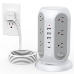 TESSAN Tower socket strip with individual switches, surge protector with 12 sockets, 5 USB ports (2 USB-C), 3 m flat extension cable, flat plug,
