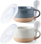 GBHOME Ceramic Soup Mugs with Handles and Lids,24 OZ Soup Cups Set of 2 with Terracotta Underside,Mug Bowls with Spoon for Soup/Cereal/Salad/Noodles/Ramen/Microware &Dishwasher Safe-Grey&Beige