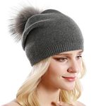 Queenfur Women Knit Wool Beanie Winter Cashmere Ski Hats Real Raccoon Fur Pom Pom