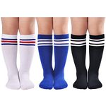 3 Pairs Toddler Knee High Socks Kids Soccer Socks Girls Three Stripes Tube Socks Over the Calf School Uniform Stockings Athletic Boys Children (Black+Blue+White&red blue,3-5 Years)