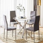 JE Dining Table Chairs, High Back PU Leather Chair with Glass Chrome Leg Table (Table + Grey Chair)