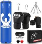 Hanging Punching Bag for Adults, 4FT PU Heavy Bag Boxing Training Equipment with 12OZ Gloves, Reflex Ball, Wristband, Kicking Bag Boxing Set for Training Karate Kickboxing Home Gym(Unfilled) Blue