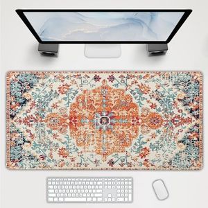 Orange Teal Boho Gaming Mouse Pad Extended Rug Carpet Bohemian Retro Large Desk Mat Big Mousepad Non-Slip Rubber Base Stitched Edge Long Desk Pad for Desktop Office PC Gamer,40x20 Inch,100x50 cm