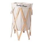 HOKIPO Laundry Basket Large 80-Litre European Pattern Laundry Hamper Cloth Bag with Foldable Wooden Stand Support.(Cream)