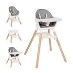 Komcot Baby High Chair, 6 in 1 Wooden Convertible High Chairs for Babies and Toddlers, Booster Seat with Double Tray & Reversible Footrest Baby Highchair, 5-Point Harness Baby Feeding Chair, Grey