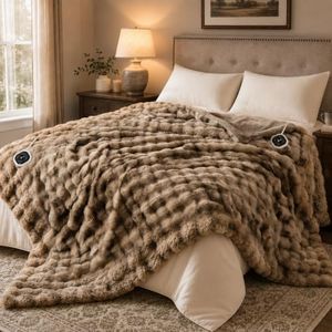 HOMLYNS Electric Blanket Queen Size Faux Fur Heated Blanket, Tie-Dye Brown