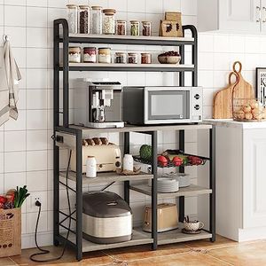 IDEALHOUSE Bakers Rack with Power Outlet, Coffee Bar with Wire Drawer, Industrial Microwave Stand, Kitchen Buffet Table with Large Storage, 6-Tier Kitchen Storage Rack with Hutch, Rustic Gray