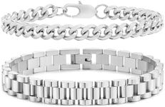 VNOX 2 PCS Silver Bracelet for Women Trendy - Silver Plated Jewelry Set Cute Simple Chunky Stackable Stainless Steel Cuban Chain Link Bracelets Set for Teen Girls Gifts for Her Friends,7 Inches