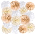 Boho Tissue Paper Pom Poms Champagne Neutral Party Decorations Cream White Light Brown Paper Flowers Hanging Pom Pom Decoration for Rustic Neutral Birthday Baby Shower Wedding - 16pcs