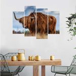 SUNYSUBY 4 Pieces Highland Cow Canvas Prints Wall Art Vintage Country Rustic Farmhouse Large Framed Canvas Oil Painting Artwork Animal Picture Decor Ready to Hang Bedroom Living Kitchen Dining Room