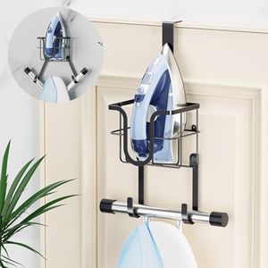 WAYASI Ironing Board Hanger, Over The Door Ironing Board Holder Or Ironing Board Hanger Wall Mount, Iron Holder, Laundry Room Iron and Ironing Board Holder with Storage Basket and Removable T&Y Hook