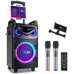 Moukey Karaoke Machine,10 Inch Subwoofer PA System,Bluetooth Speaker with 2 Wireless Microphones,Tablet Holder,Disco Lights,Remote,Wheels,Supports Bass/Treble Adjustment,TWS/REC/AUX/MP3/USB/FM/TF