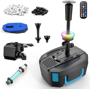 AUGICY 850GPH All-in-1 Pond Pump and Filter Kit for Ponds Up to 750 Gallons, Built in U - V Light & Colorful LED, Submersible Fountain Pump for Koi Ponds, Waterfalls & Features to Clean Green Water