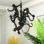 LAZHUG 5-Lights Three Monkeys Chandelier Lighting Modern Art Resin Black Monkey Hanging Lamps for Living Room Villa Hall Lobby Bar, Large Animal Decor Light Fixture (Black Monkeys lamp)