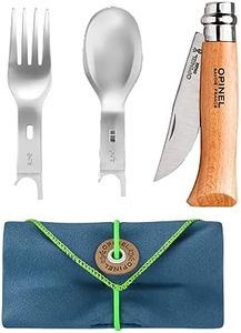Opinel - Set Complet Picnic + - avec Couteau N°8 en Bois de Hêtre, 2 Inserts Fourchette et Cuillère et Étui-Serviette Microfibre - Fabrication Française