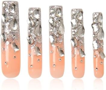 LOVFUL Stunning Bling Nails,Crystal Detailed Diamonds Press On Nails | Custom Shape | Glitter Rhinestone Nails | Gradient Pink Fake Nails| Square Long 2.2 in | H126 (M)