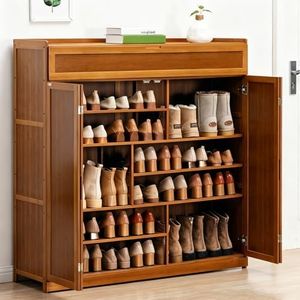 Shoe Cabinet, Bamboo Shoe Storage Cabinet with 2 Folding Magnetic Doors, Shoe Organiser with Lift Top Storag & Large Tabletop Space for Hallway Bedroom Living Room