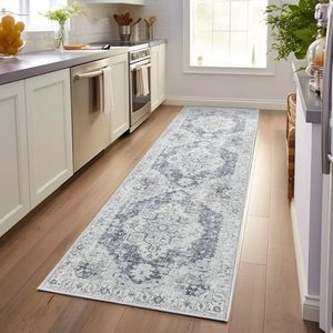 TOPICK Machine Washable Runner Rug 60x305cm Indoor Hallway Rug Grey Multi Print Vintage Rug Distressed Carpet Foldable Lightweight Thin Non Slip Rug Bathroom Kitchen Living Room Bedroom