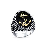 Men's Big Oval Signet Nautical Rope Boat Anchor Ring For Men Checker Board Two Tone Black Gold-Tone Patina .925 Sterling Silver Made In Turkey