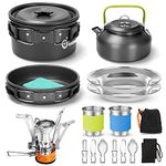 Odoland 16pcs Camping Cookware Mess kit for Camping, Backpacking, Outdoor Cooking and Picnic with Camping Stove, Non-Stick Lightweight Pot Pan Kettle Stainless Steel Cups Plates Forks Knives Spoons