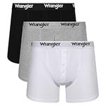 WRANGLER Men's Button Front Boxer Shorts in Black/White/Grey, Soft Touch Organic Cotton Rich Trunks with Elasticated Waistband | Comfortable and Breathable Underwear - Multipack of 3